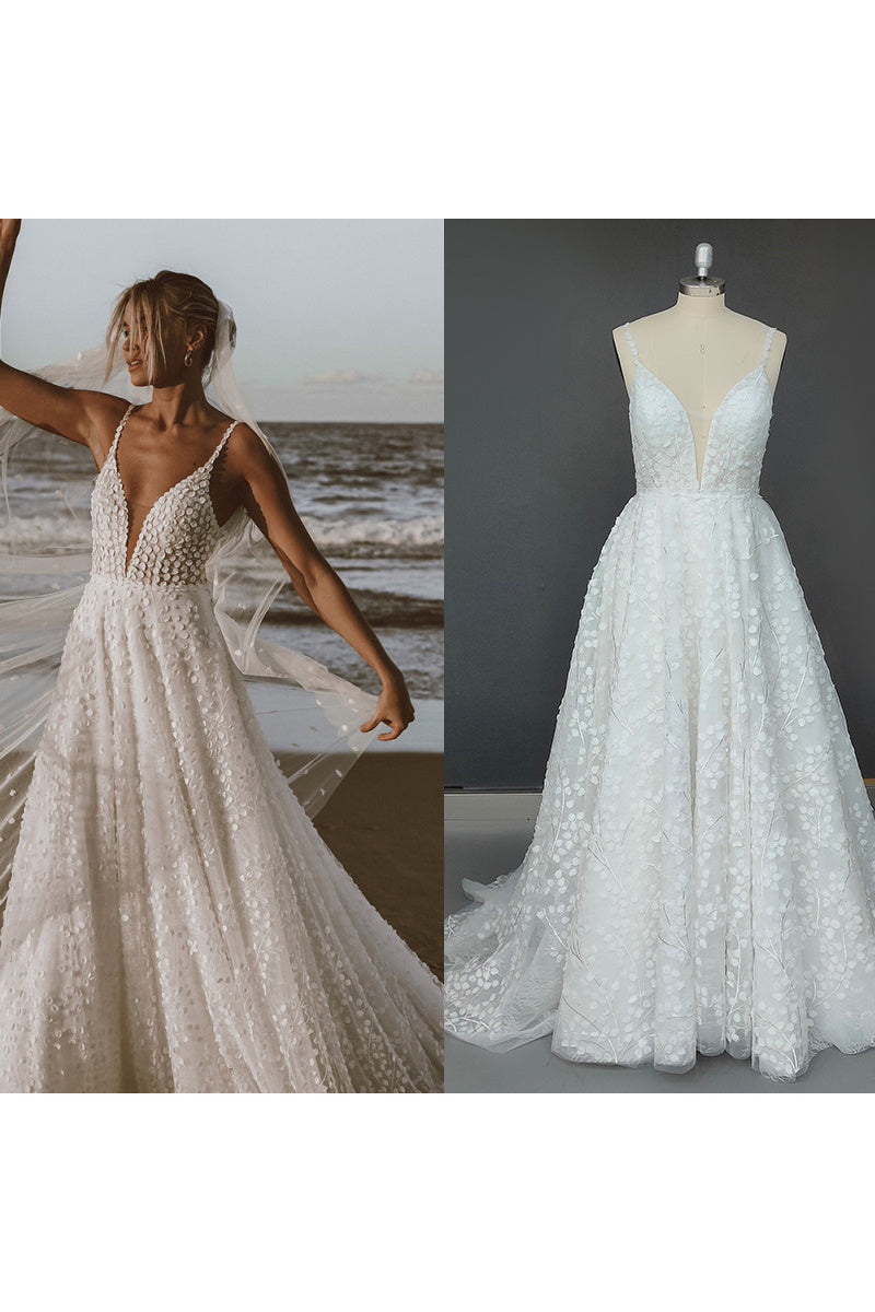 15566 -  Plunging V Neck Sleeveless Appliqued A Line Wedding Bridal Gown