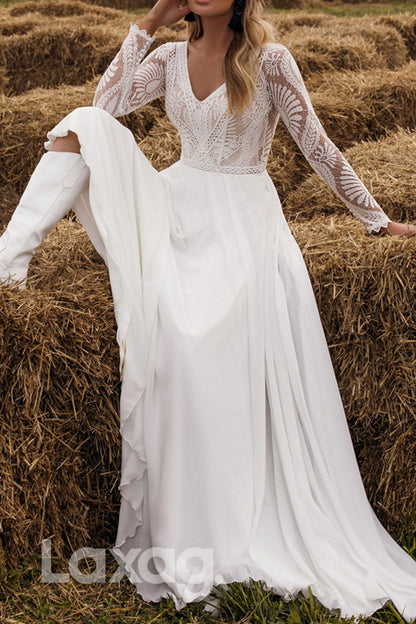 15567 -  V Neck Long Sleeves A Line Chiffon Wedding Bridal Gown