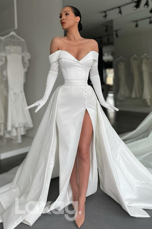 15575 - Off Shoulder Gloves Thigh Slit Satin Wedding Dress