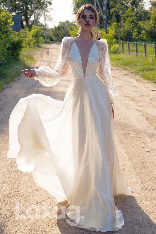 15577 - Plunging V Neck Lace Long Sleeves  Wedding Dress