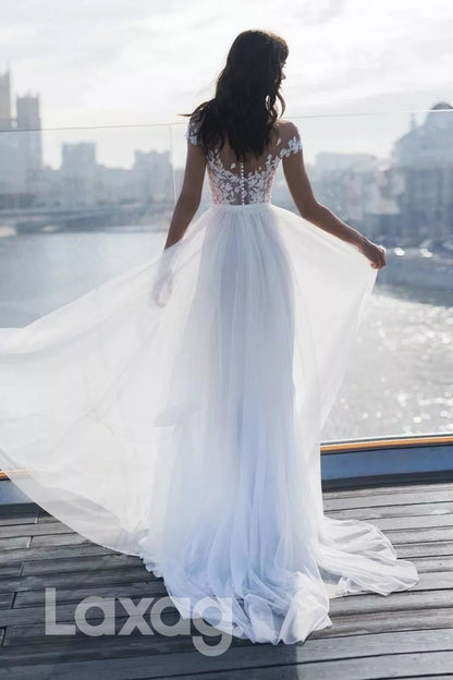 15579 - Front Slit Cap Sleeves Lace Appliques Wedding Dress