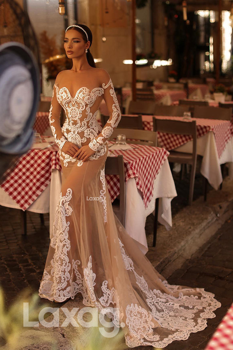 15581 -_Illusion Neck Long Sleeves Lace Mermaid Wedding Bridal Gown
