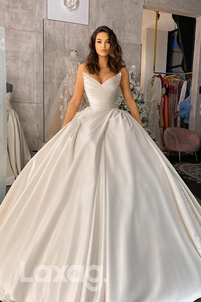 15586 -_V Neck Ball Gown Satin Ruched Wedding Bridal Gown