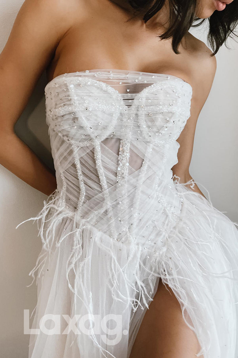 15598 -_Strapless Thigh Slit Feathers Waist A Line Wedding Dress