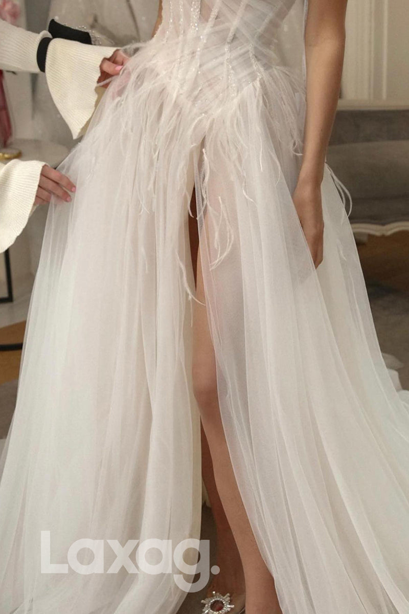 15598 -_Strapless Thigh Slit Feathers Waist A Line Wedding Dress