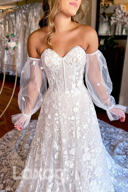 15602 -_Sweetheart Sleeves Bone Bodice Appliques Lace Wedding Gown