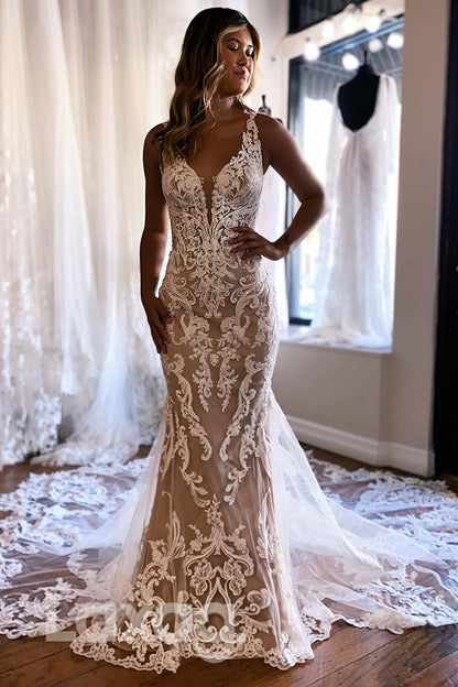 15603 -_Plunging V Neck Appliques Lace Mermaid Wedding Gown