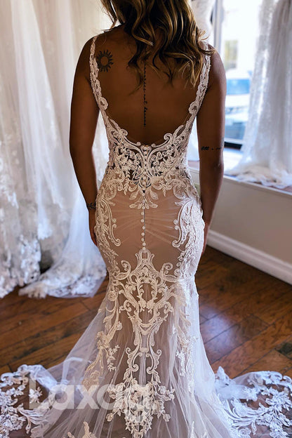 15603 -_Plunging V Neck Appliques Lace Mermaid Wedding Gown