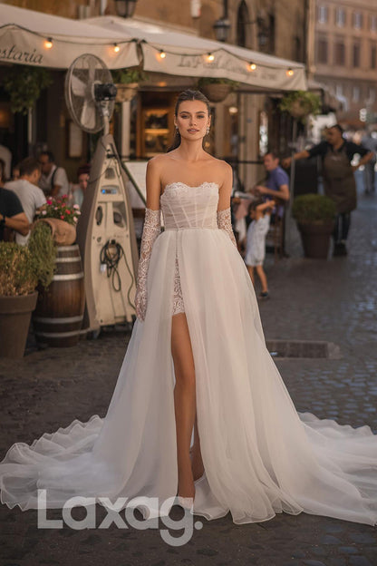 15612 -_Sweetheart Bone Bodice Thigh Slit Lace Wedding Dress