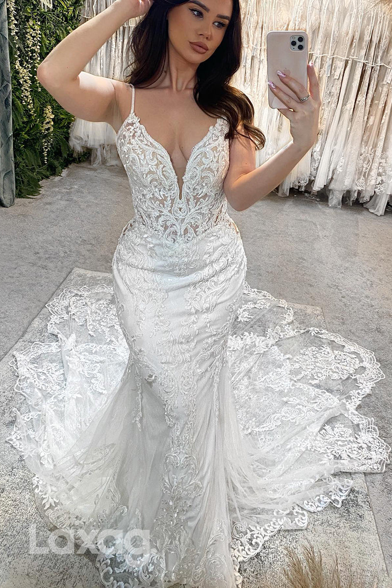 15625 - Spaghetti Straps Lace Appliqued Mermaid Wedding Dress
