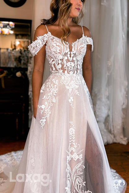 15627 - Off-Shoulder Lace Appliqued Sparkly Wedding Dress With Slit