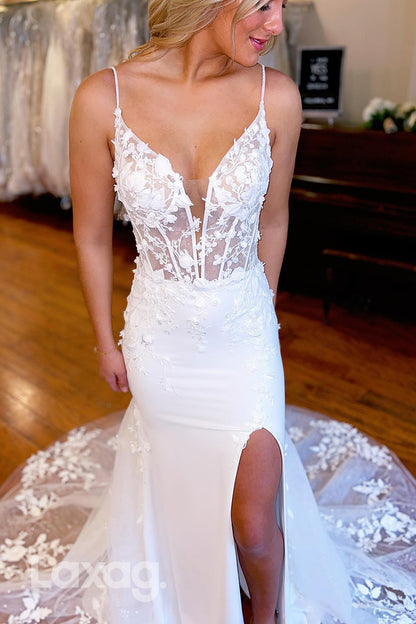 15629 - Spaghetti Straps Lace Appliqued Wedding Dress With Slit