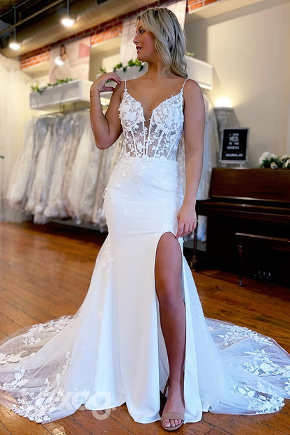 15629 - Spaghetti Straps Lace Appliqued Wedding Dress With Slit