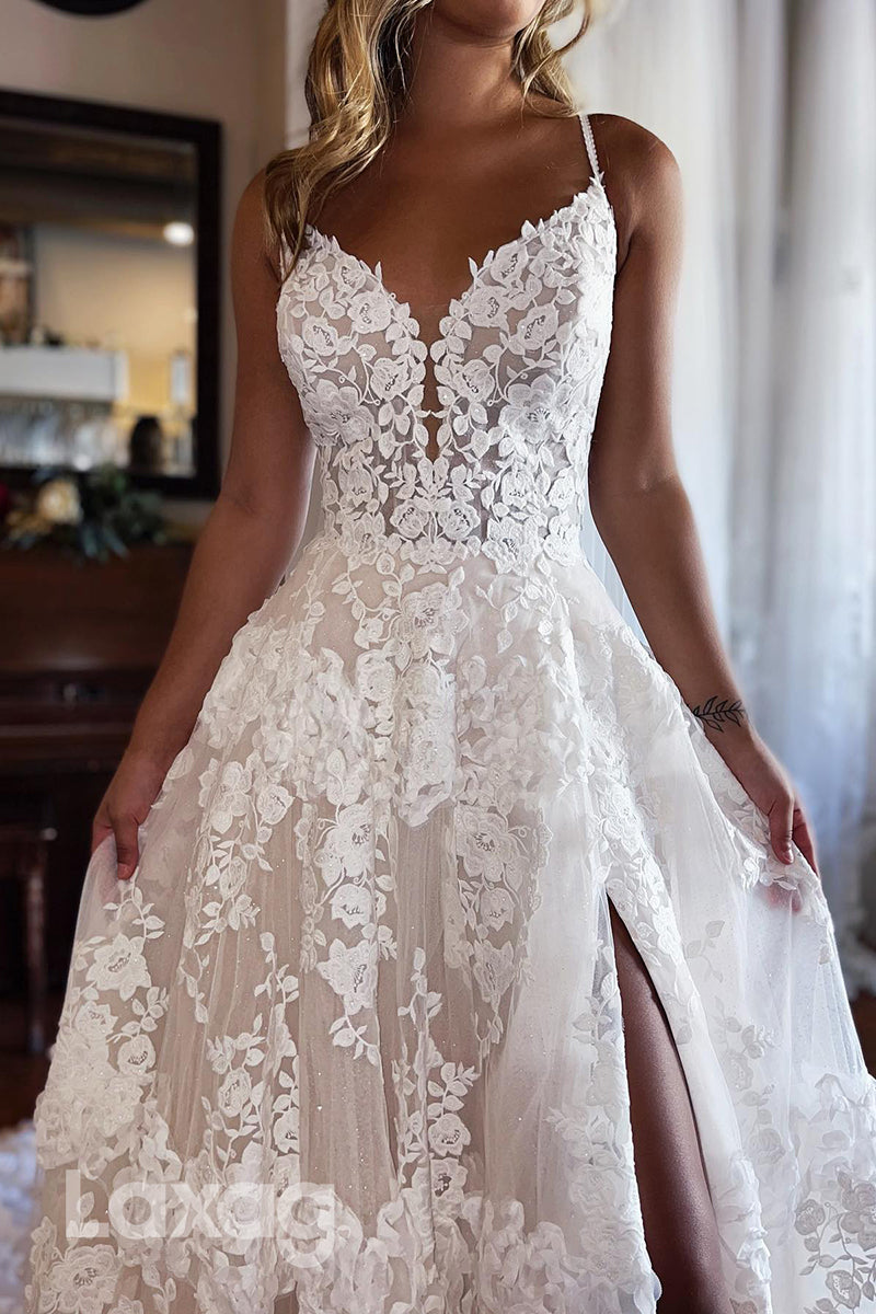 15636 - Spaghetti Straps Lace Appliqued Wedding Dress With Slit