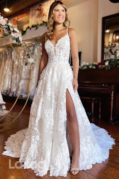 15636 - Spaghetti Straps Lace Appliqued Wedding Dress With Slit