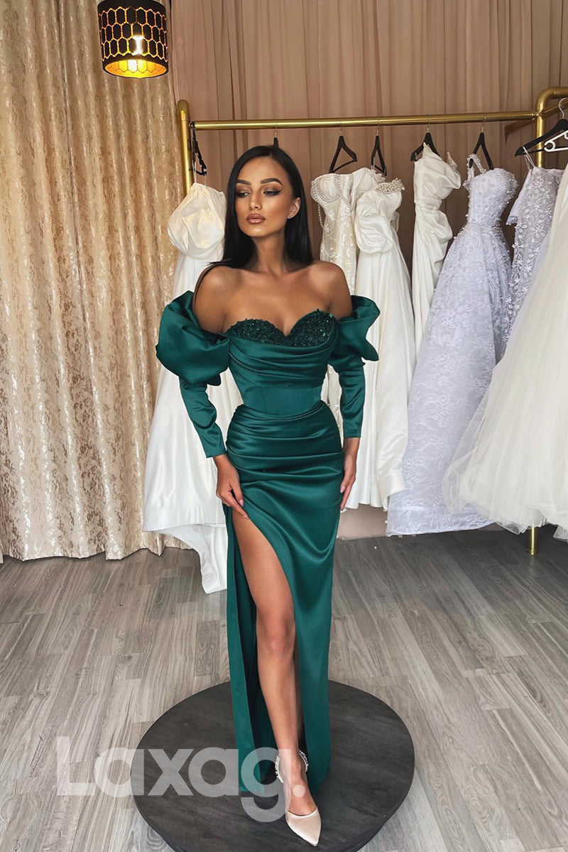 16735 - Emerald Green Sequins Sweetheart Sleeves Formal Dress with Slit