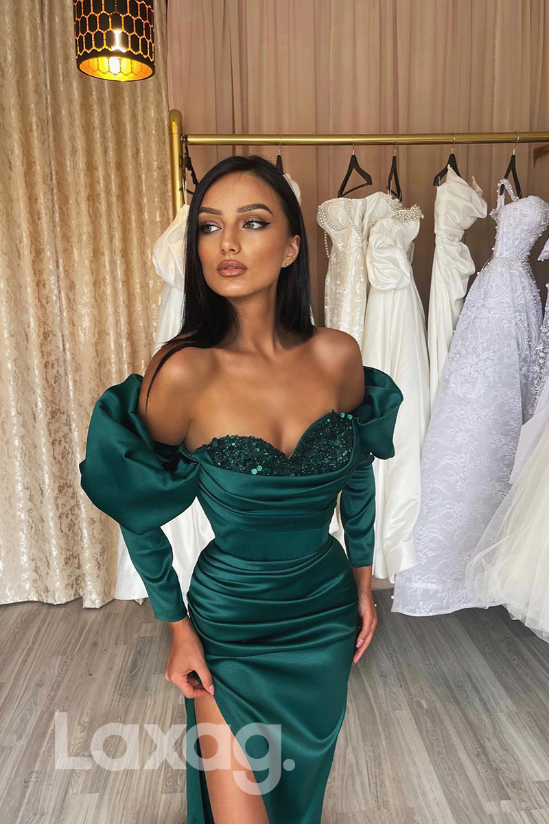 16735 - Emerald Green Sequins Sweetheart Sleeves Formal Dress with Slit
