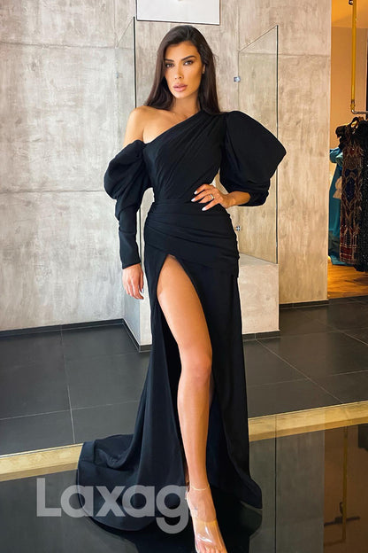 16831 - One Shoulder Long Sleeves Pleated Black Long Prom Dress
