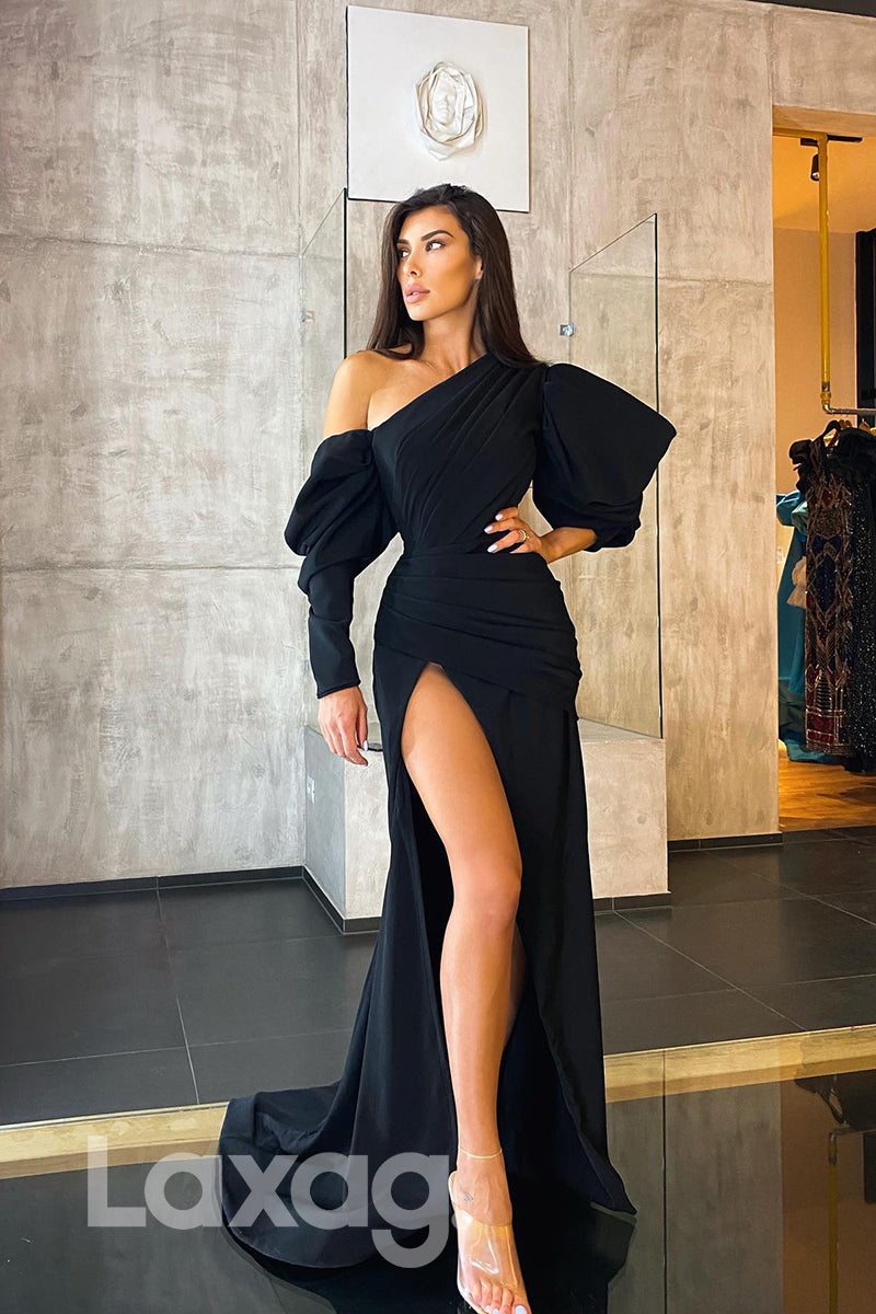 16831 - One Shoulder Long Sleeves Pleated Black Long Prom Dress