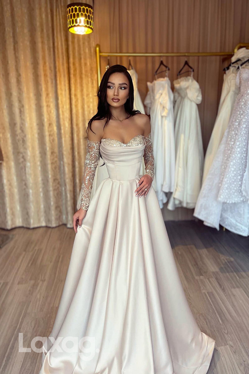 18729 - Off-Shoulder Lace Beaded Ruched Long Prom Evening Dress