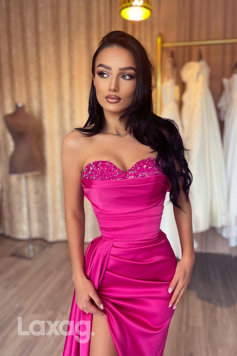 18732 - Sweetheart Sequined Pleated Long Prom Evening Dress With Slit