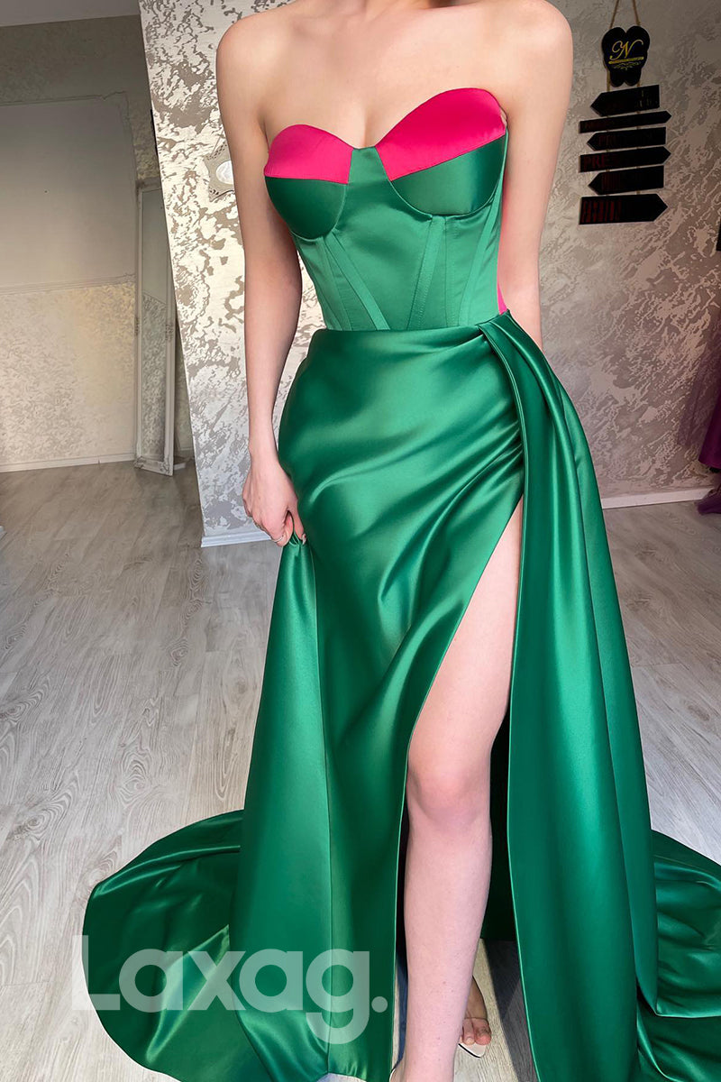 18733 - Sweetheart Bone Bodice Red Green Evening Prom Dress with Slit