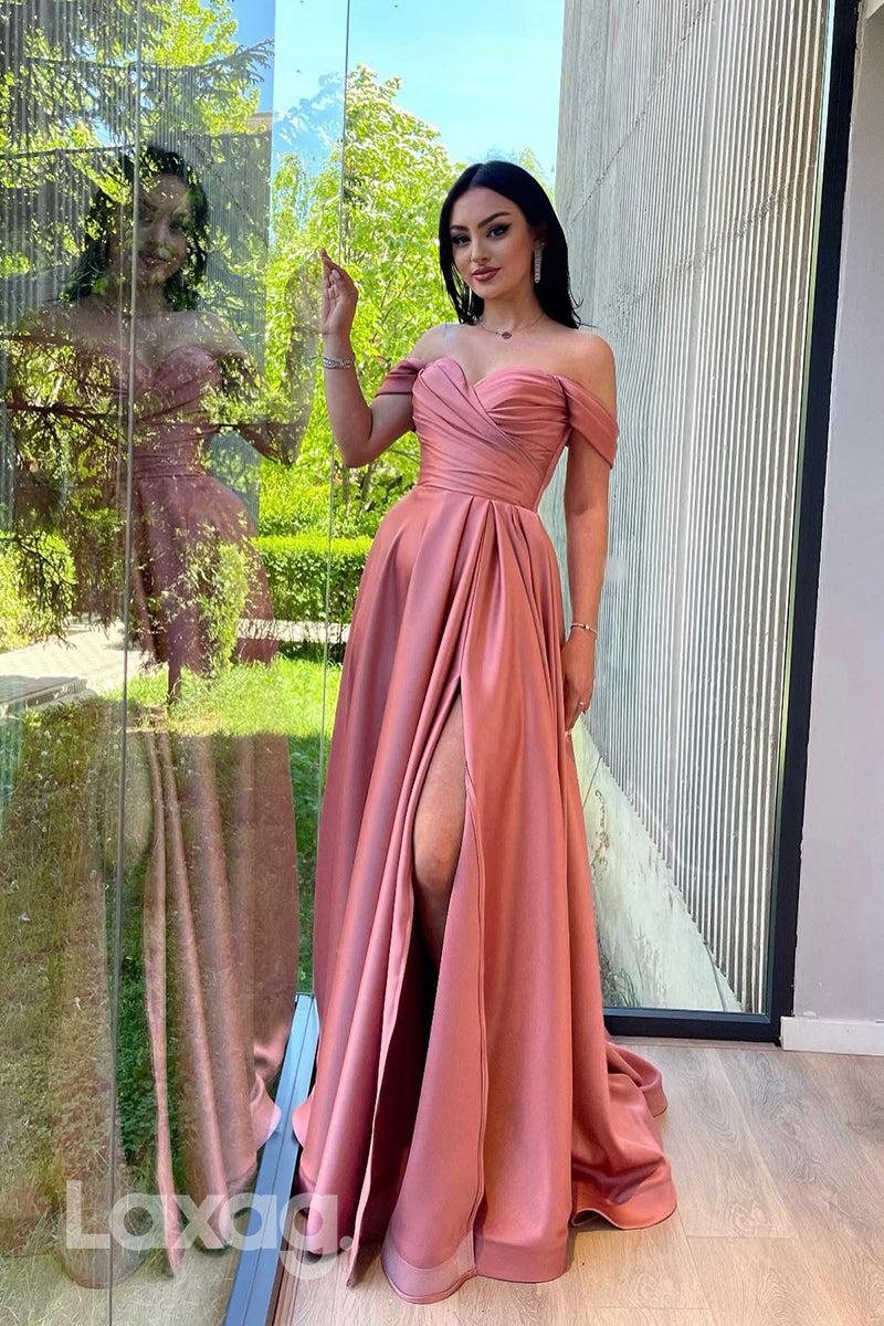 18765 - Off-Shoulder Sleeveless Ruched Prom Evening Dress with Slit