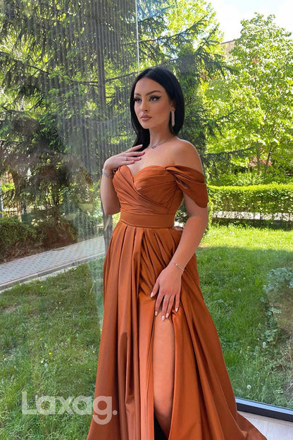 18774 - Off-Shoulder Sleeveless Ruched Prom Evening Dress With Slit