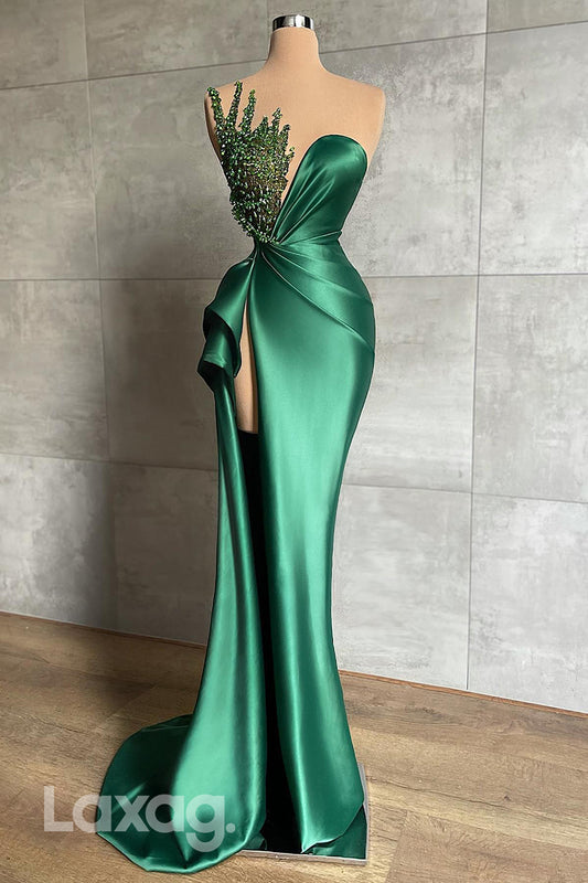 18777 - Low V-Neck Beaded High Slit Satin Prom Evening Gown