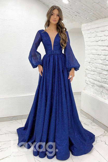 19710 - Attractive Deep V-Neck Long Sleeves Sparkly Prom Dress|LAXAG