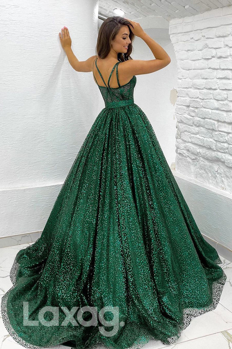 19711 - Women's Spaghetti Straps Green Long Prom Ball Gown Glitter|LAXAG