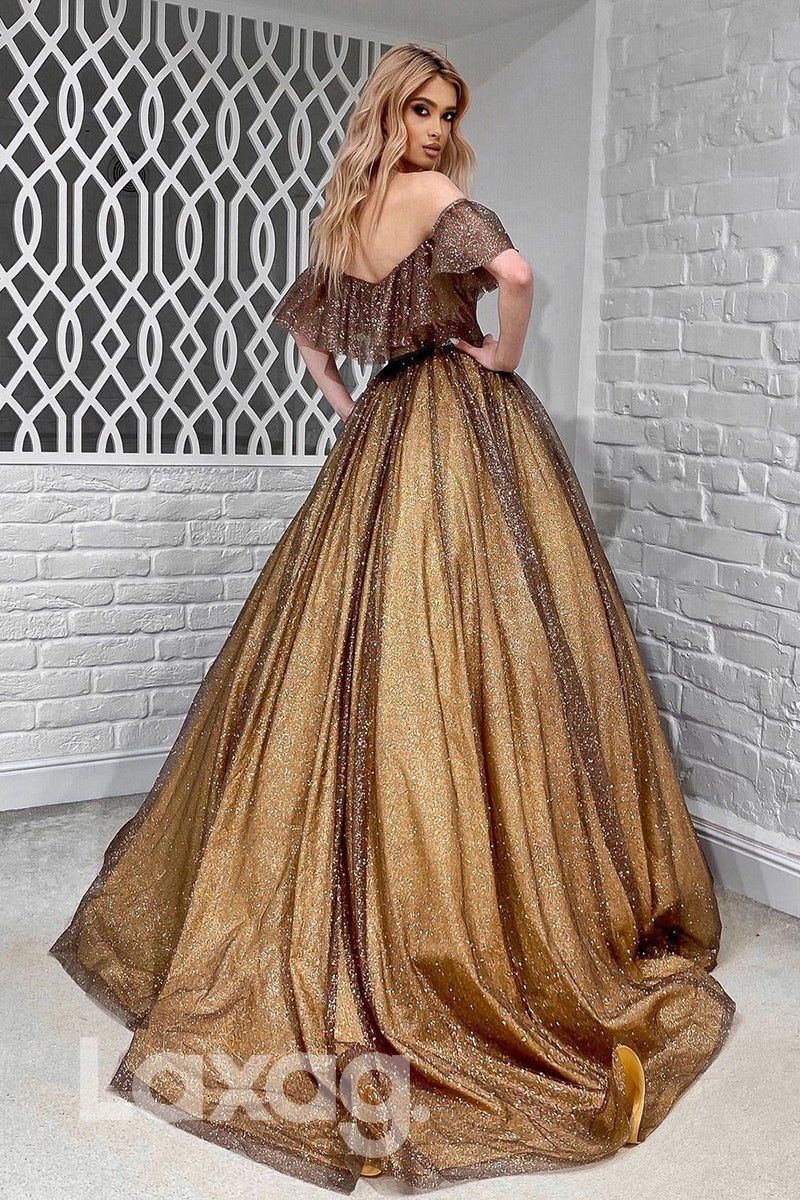 19716 - Off the Shoulder Ruffles Long Sparkly Prom Dress|LAXAG