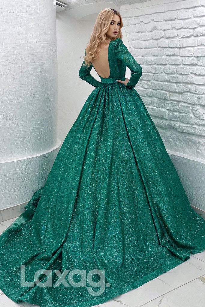 19720 - A-line Jewel Long Sleeves Sparkly Prom Dress Backless|LAXAG