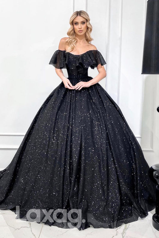 19722 - Ball Gown Off the Shoulder Black Prom Dress Glitter|LAXAG