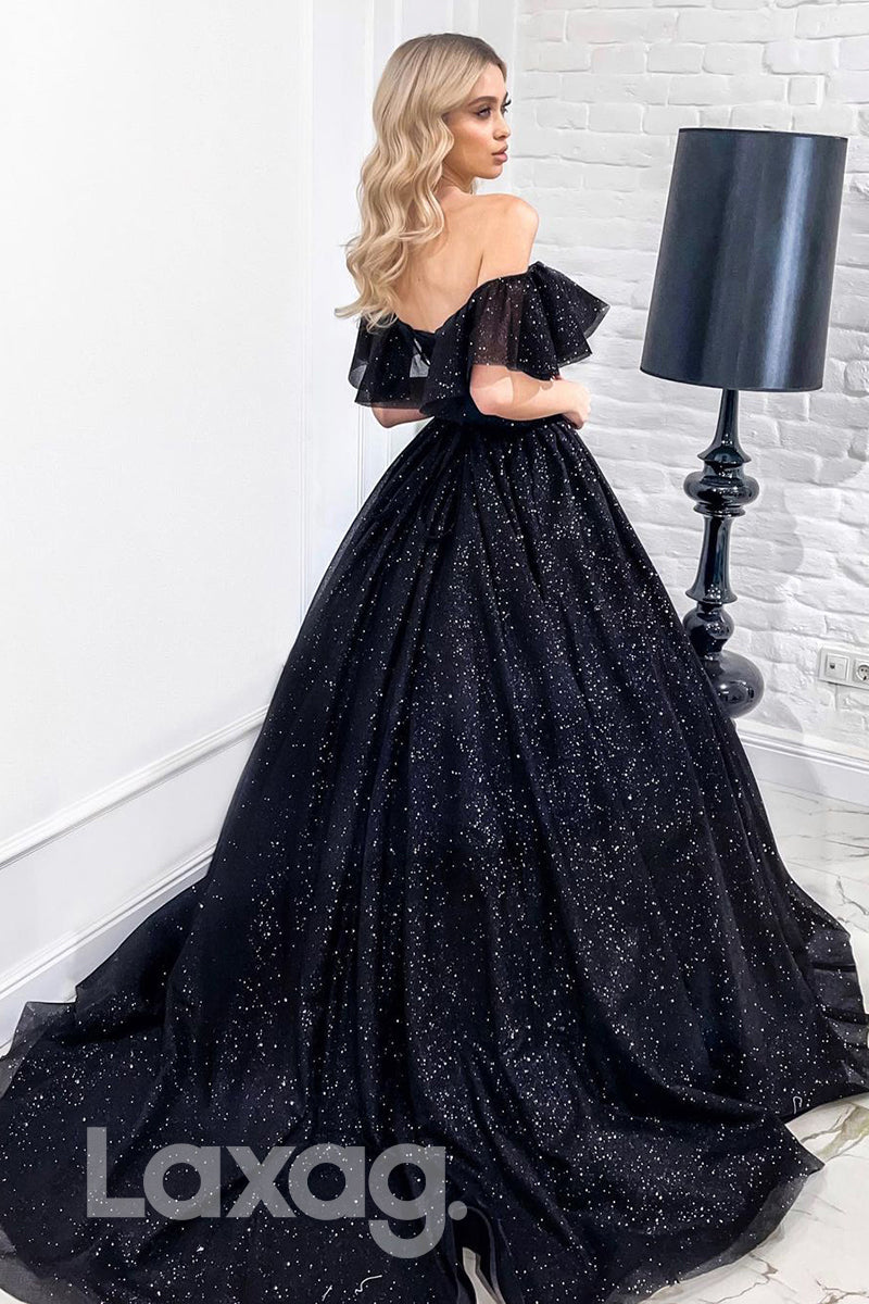 19722 - Ball Gown Off the Shoulder Black Prom Dress Glitter|LAXAG