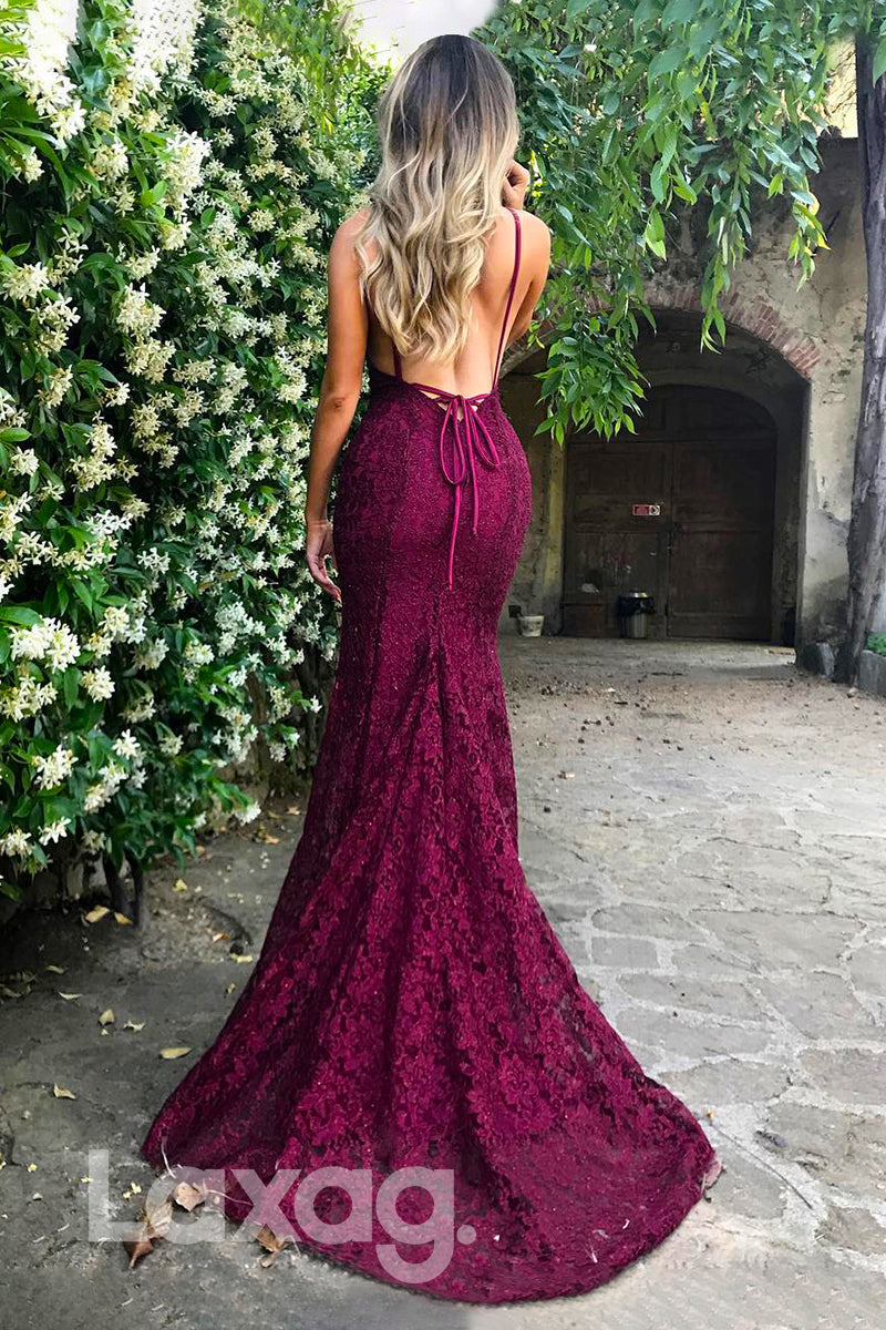19729 - Plunging V-Neck Burgundy Lace Prom Dress Mermaid Formal Gown|LAXAG
