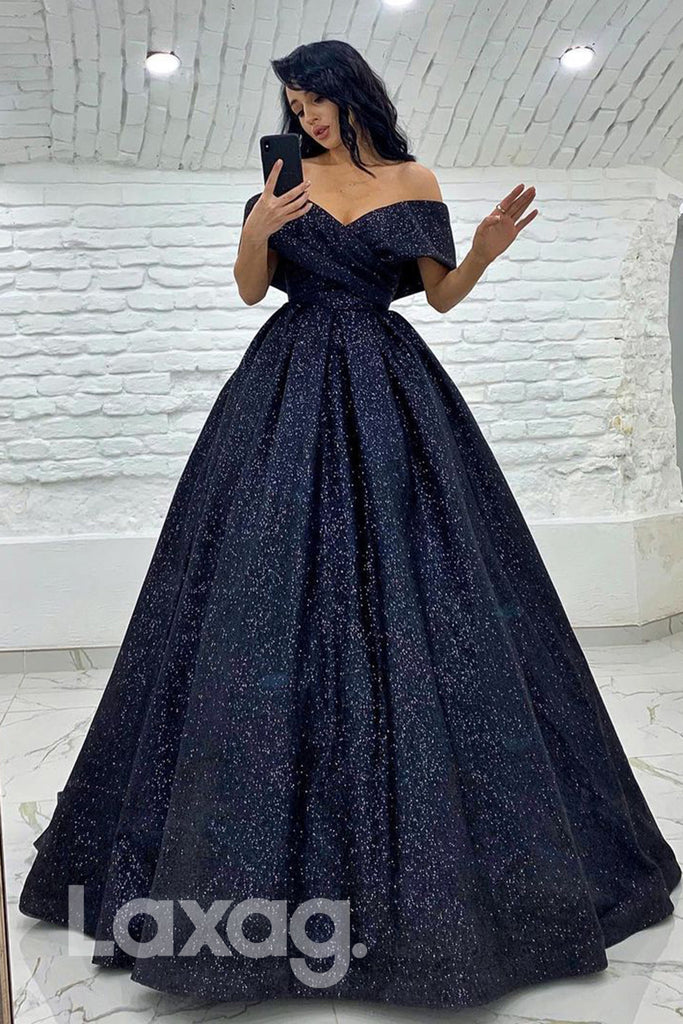 19734 - Unique Off Shoulder Pleats Sparkly Prom Dress with Pockets|LAXAG