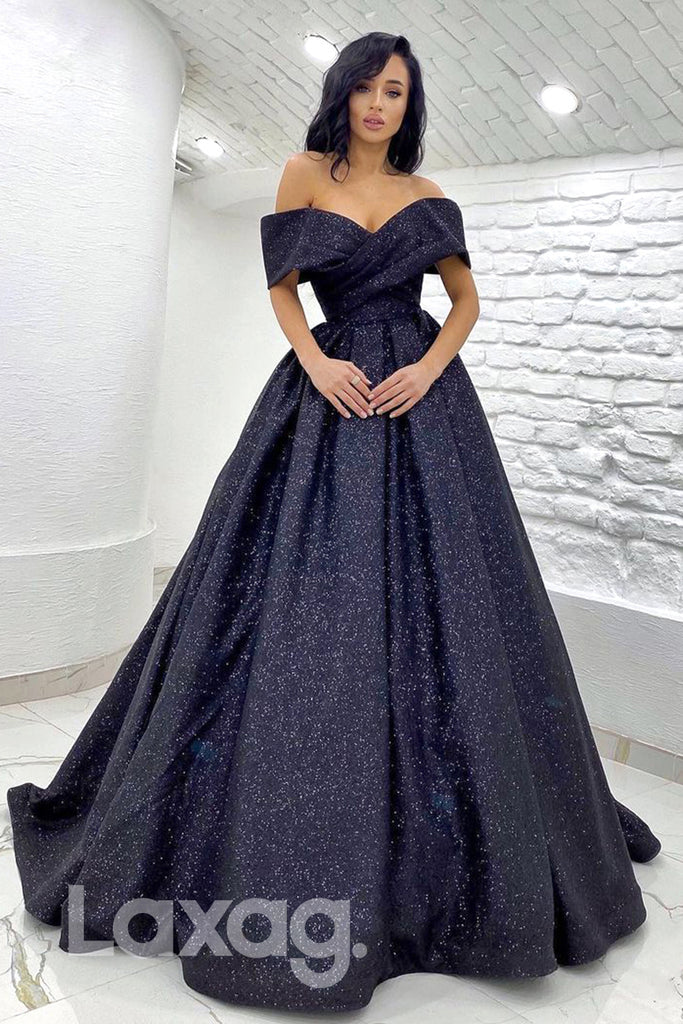 19734 - Unique Off Shoulder Pleats Sparkly Prom Dress with Pockets|LAXAG