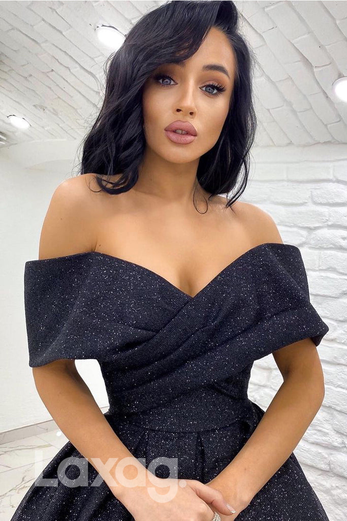 19734 - Unique Off Shoulder Pleats Sparkly Prom Dress with Pockets|LAXAG