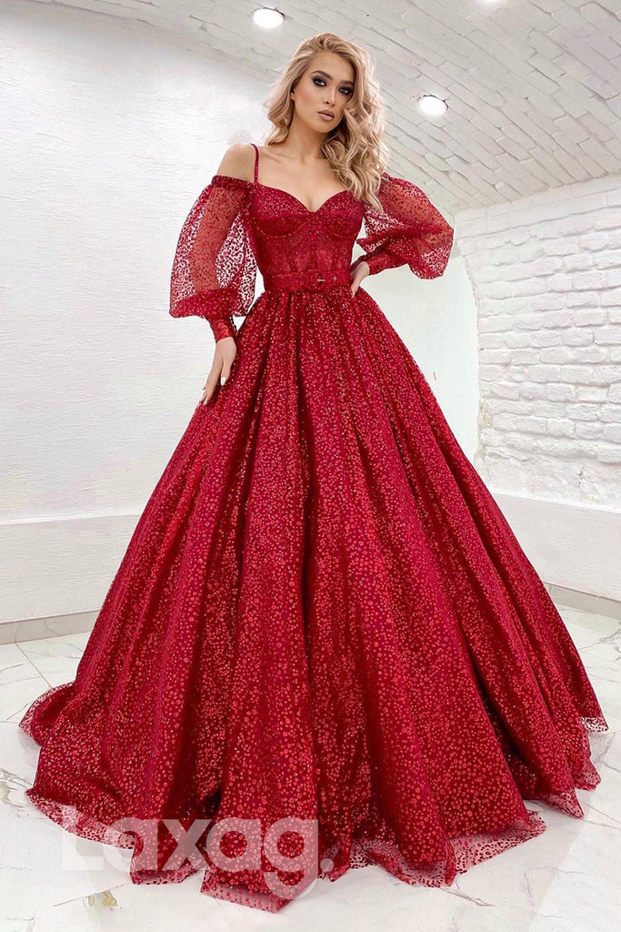 19735 - Women's Spaghetti Straps Long Sleeves Burgundy Prom Dress Glitter|LAXAG