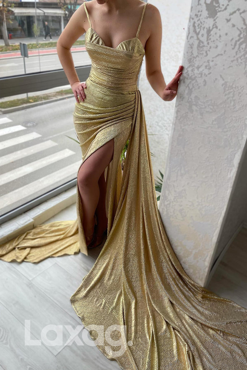 19739 - Spaghetti Thigh Slit Gold Metallic Prom Dress