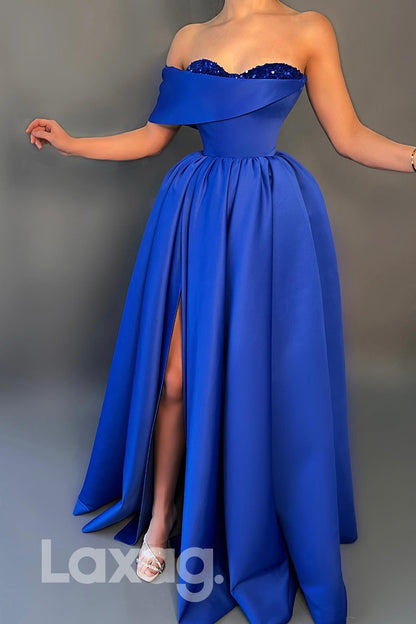19767 -  Royal Blue Thigh Slit Long Formal Evening Dress