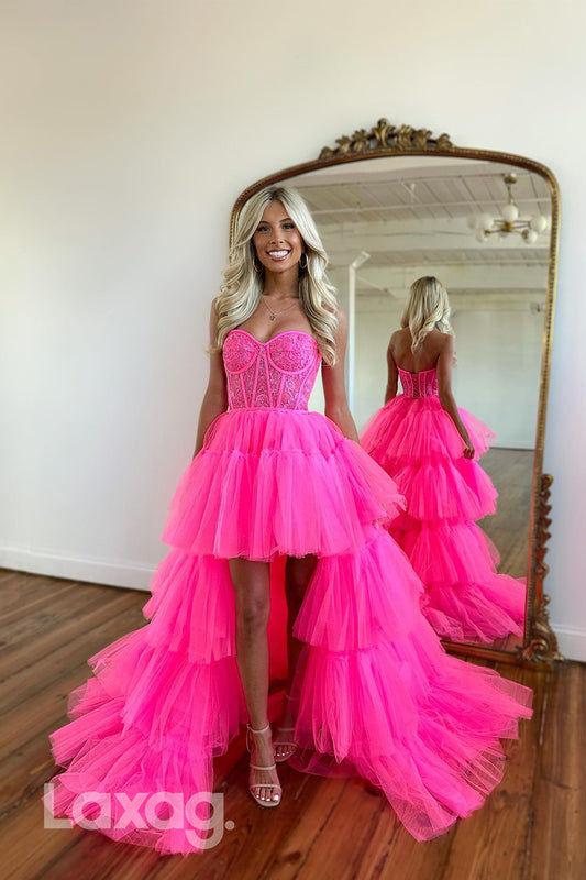 19775 - Sweetheart High Low Tulle Appliques Lace-Up Prom Dress