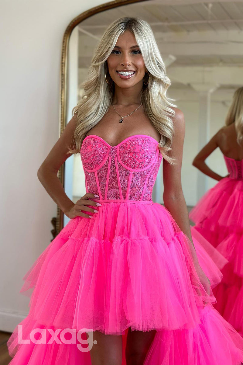 19775 - Sweetheart High Low Tulle Appliques Lace-Up Prom Dress