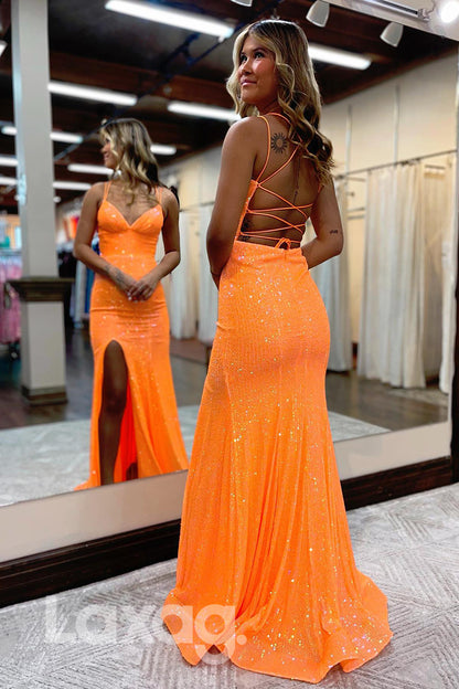 19776 - Orange Sequins Thigh Slit Prom Pageant Dress