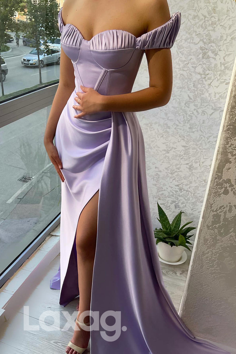 19778 - Off Shoulder Thigh Slit Purple Long Prom Dress