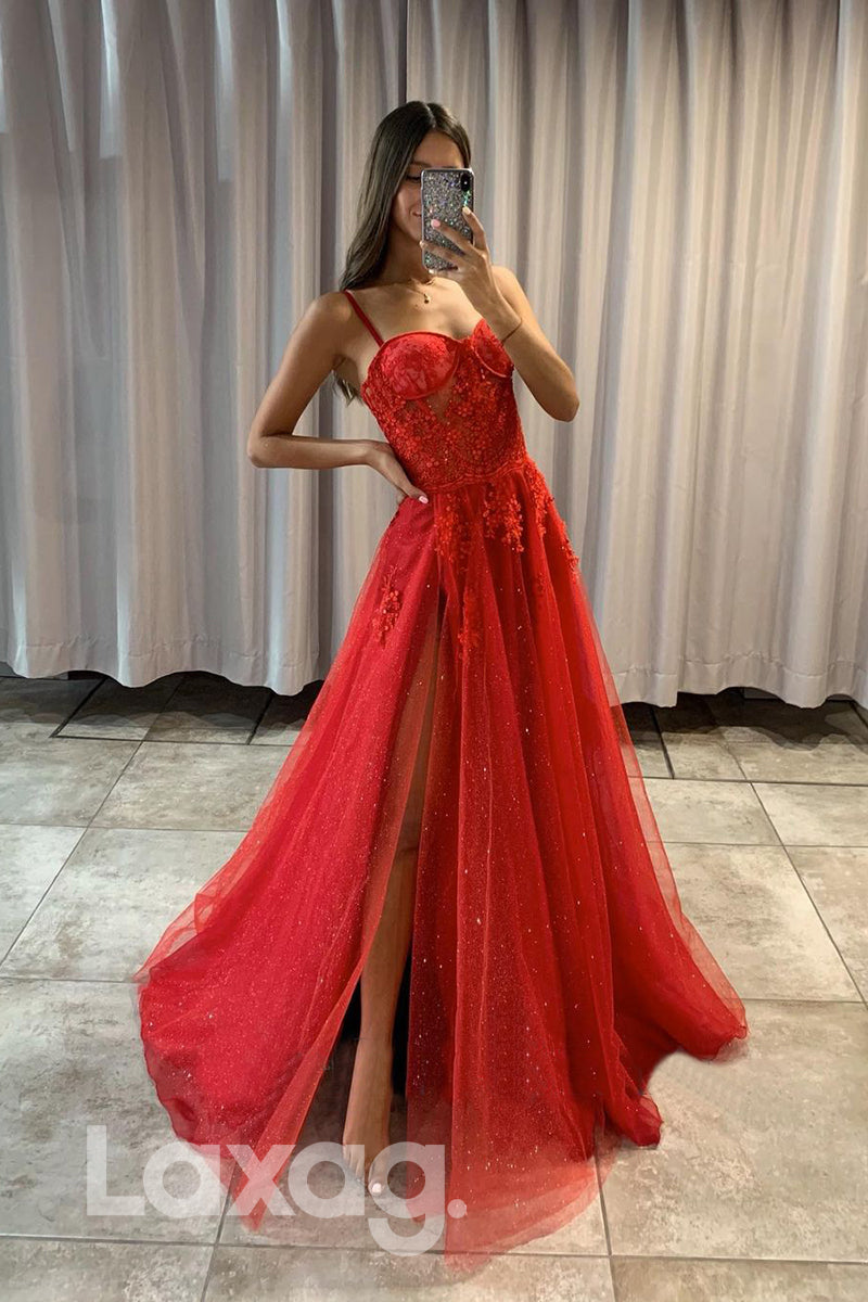 16836 - A-line Spaghetti Straps Red Tulle Appliques Long Prom Dress with Slit |LAXAG