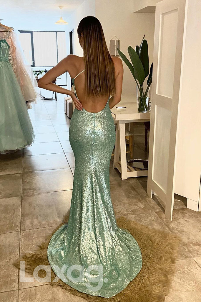 16840 - Spaghetti Straps Green Sequins Sparkly Prom Dress Backless|LAXAG
