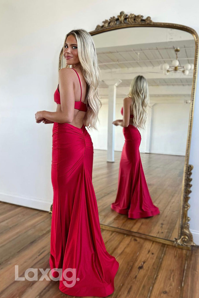 20702 - Spaghetti Straps Cutout Satin Mermaid Long Prom Dress