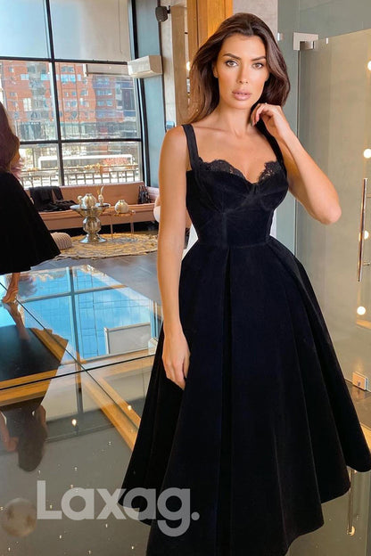 20705 - Spaghetti Straps Tea Length Velvet Black Prom Dress